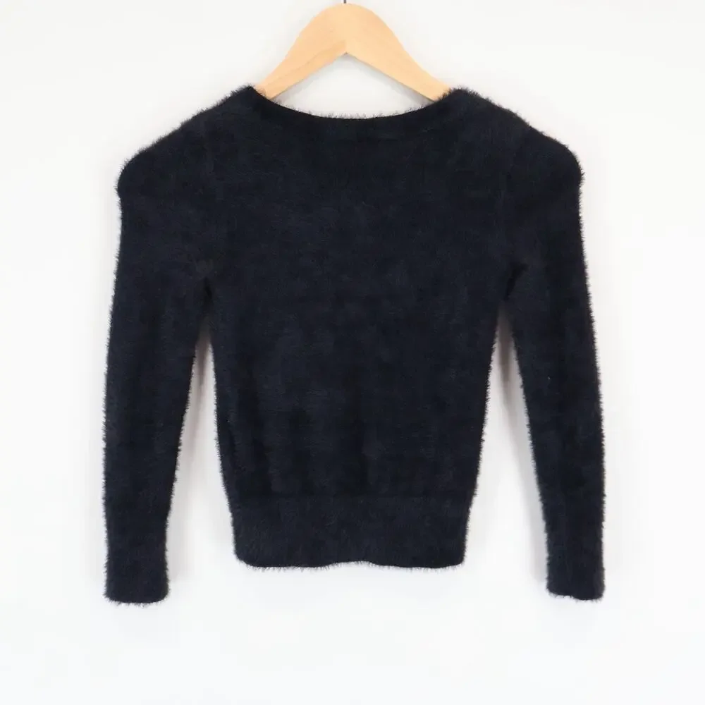 Abercrombie & Fitch Kids Fuzzy Eyelash Knit V Neck Pullover Black Sweater  5/6